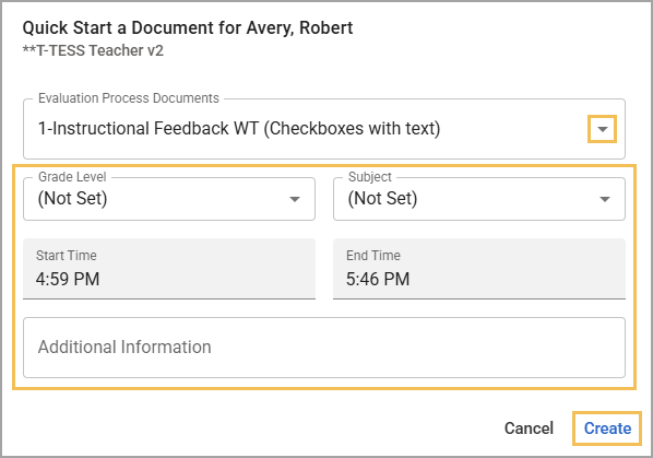 Document creation interface with fields for grade level, subject, start and end time, and additional information.